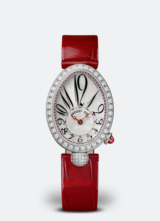 Breguet Reine 33 x 24.95 mm White Mother-Of-Pearl Dial with Diamonds White Gold Red Leather Strap 8925BB/58/944/D0