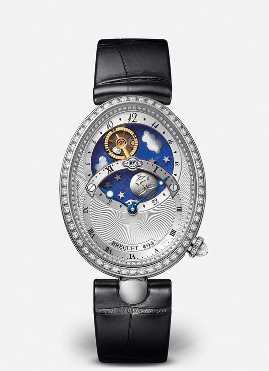 Breguet Reine 40.05 x 32 mm Silvered Gold Dial with Diamonds White Gold Black Leather Strap 8998BB/11/974/D00D