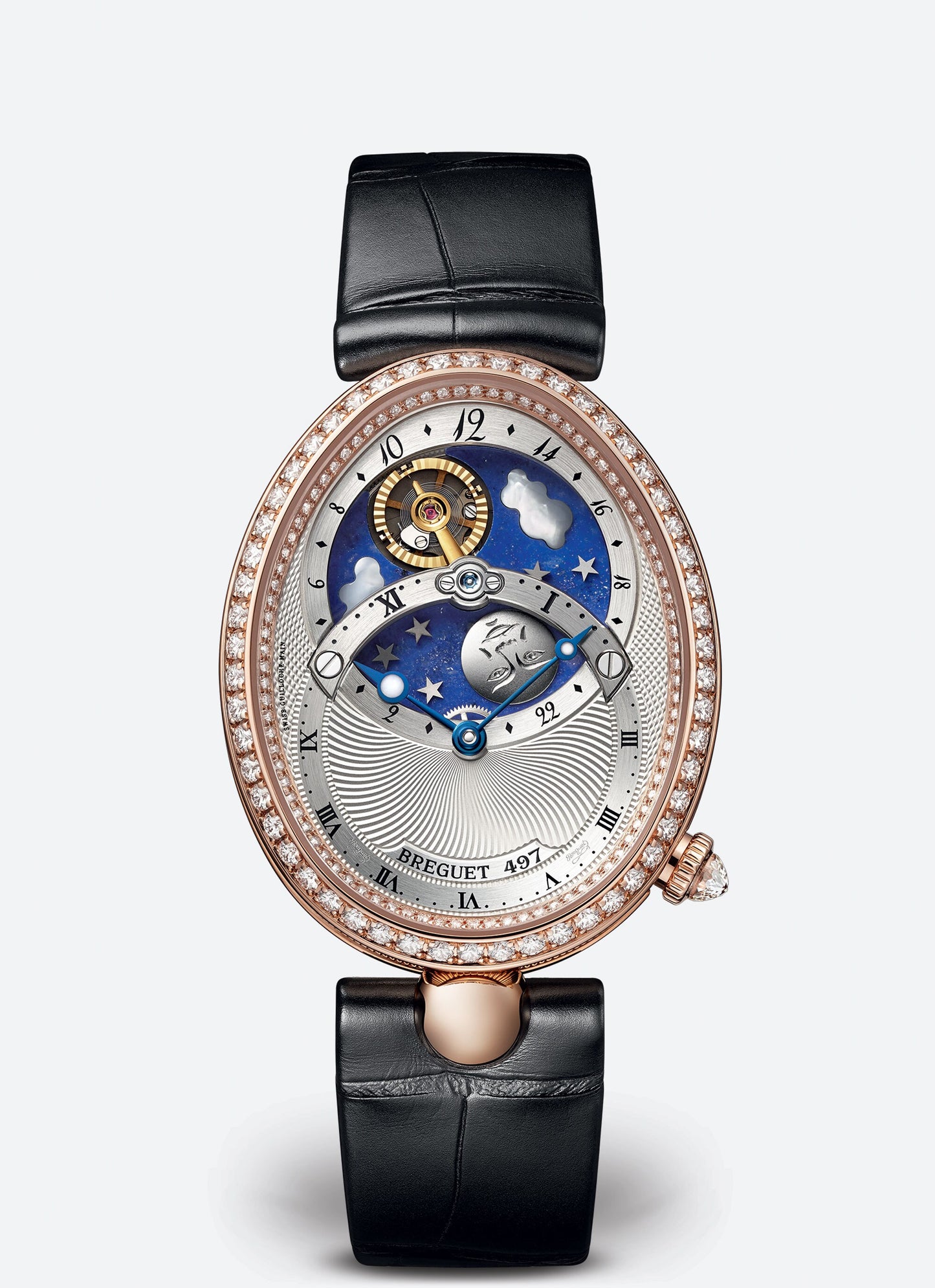 Breguet Reine 40.05 x 32 mm Silvered Gold Dial with Diamonds 18k Rose Gold Black Leather Strap 8998BR/11/974/D00D