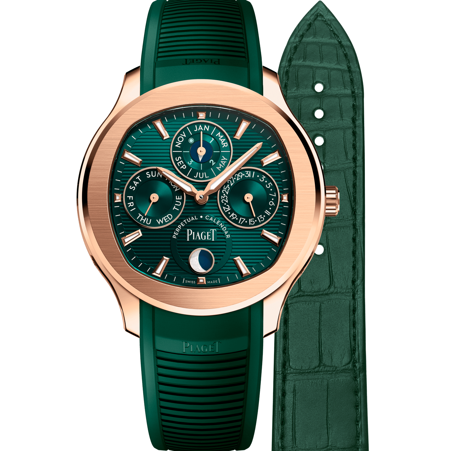 Piaget Piaget Polo Perpetual Calendar Ultra-Thin watch 42 mm Green Dial 18k Rose Gold Rubber Strap G0A48006