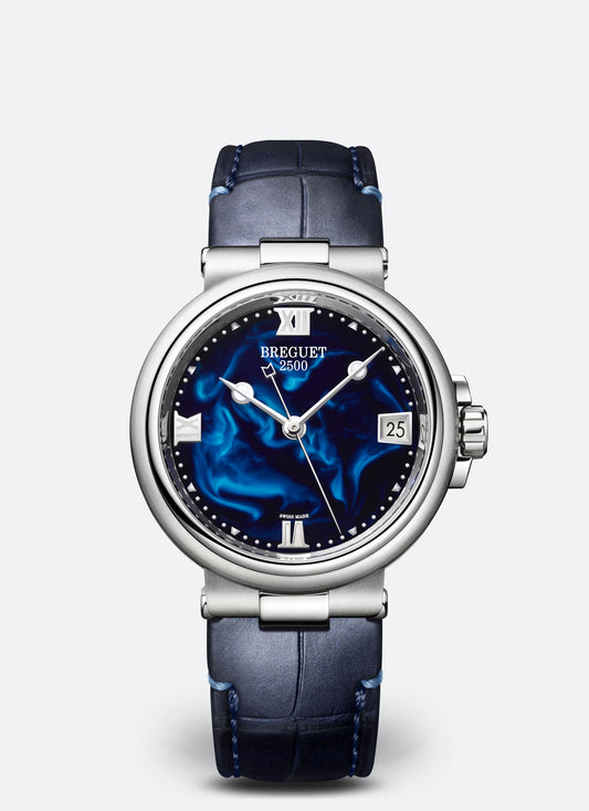 Breguet Marine 33.8 mm Blue Handcrafted Lacquered Dial Stainless Steel Black Leather Strap 9517ST/E2/984