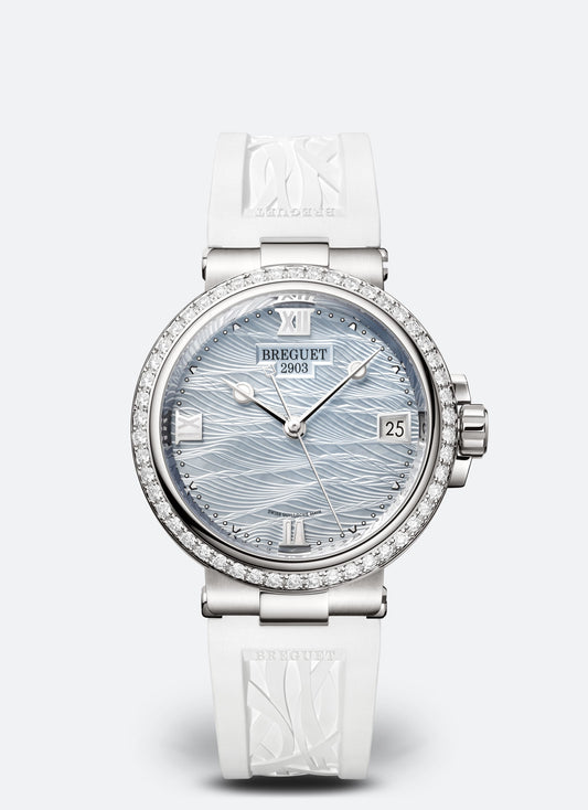 Breguet Marine 33.8 mm Silver Dial with Diamonds White Gold White Rubber Strap 9518BB/V2/584/D000