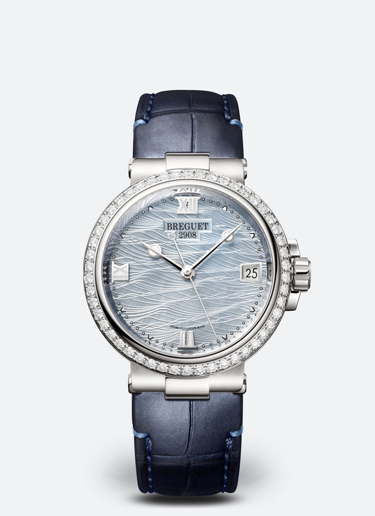 Breguet Marine 33.8 mm Silver Dial with Diamonds White Gold Black Leather Strap 9518BB/V2/984/D000