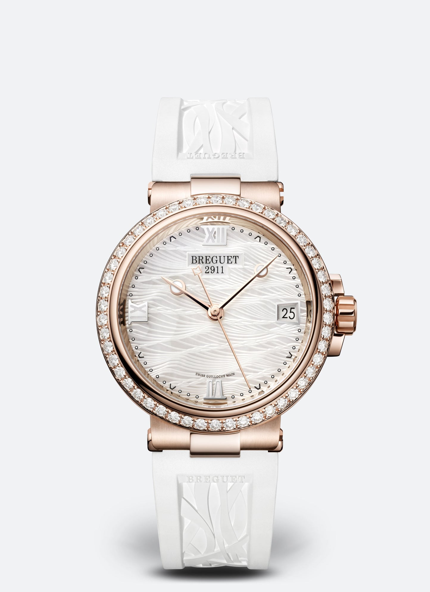 Breguet Marine 33.8 mm White Dial with Diamonds 18k Rose Gold White Rubber Strap 9518BR/52/584/D000