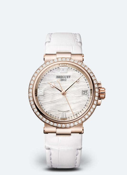 Breguet Marine 33.8 mm White Dial with Diamonds 18k Rose Gold White Leather Strap 9518BR/52/984/D000