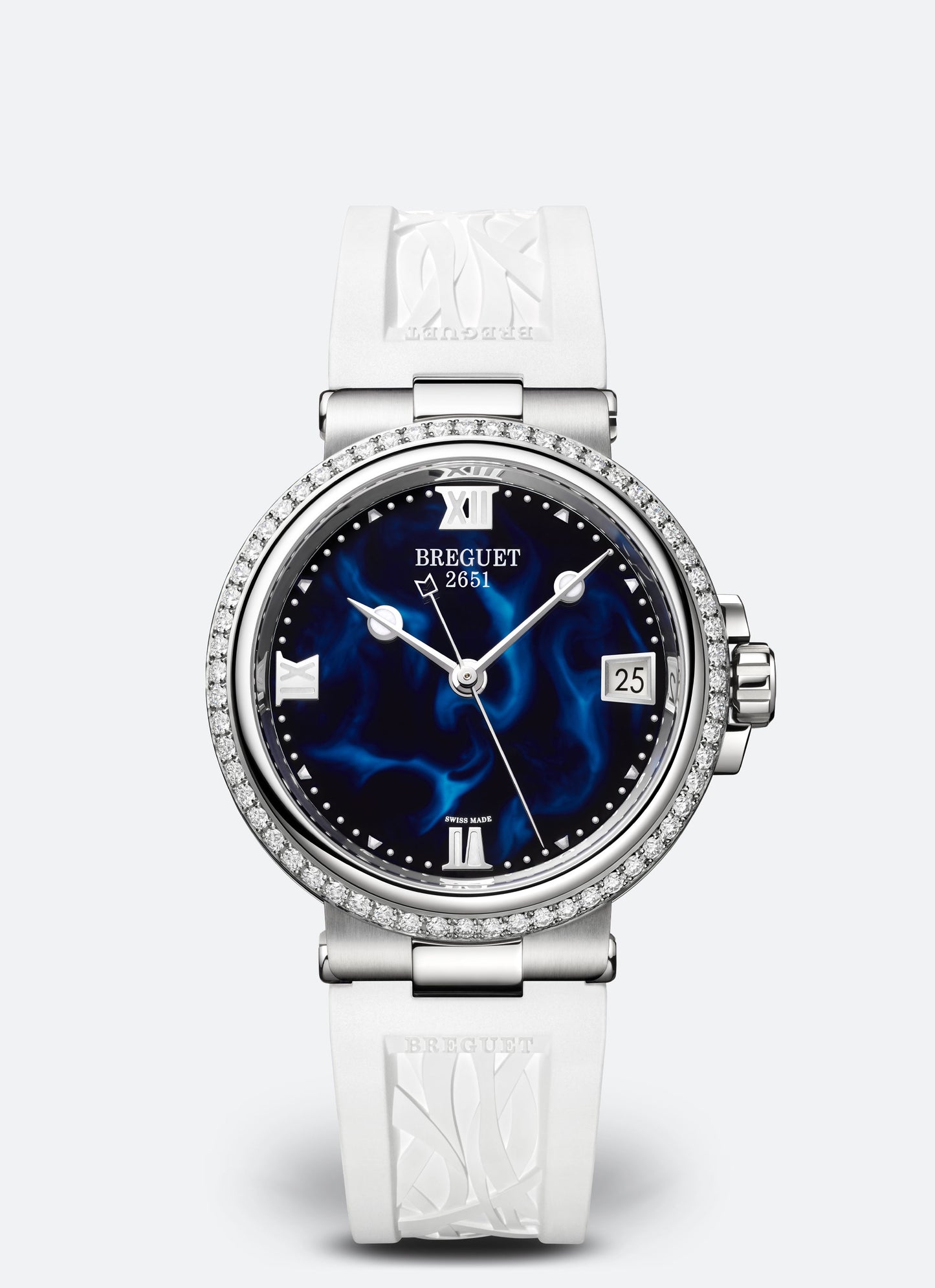 Breguet Marine 33.8 mm Blue Dial with Diamonds Stainless Steel White Rubber Strap 9518ST/E2/584/D000