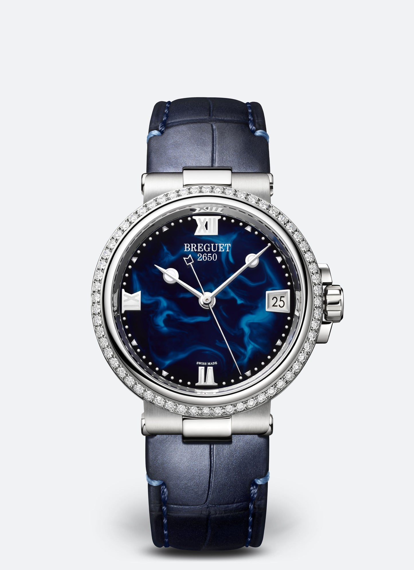 Breguet Marine 33.8 mm Blue Dial with Diamonds Stainless Steel Black Leather Strap 9518ST/E2/984/D000