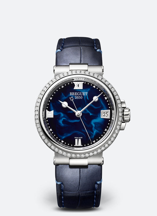 Breguet Marine 33.8 mm Blue Dial with Diamonds Stainless Steel Black Leather Strap 9518ST/E2/984/D000