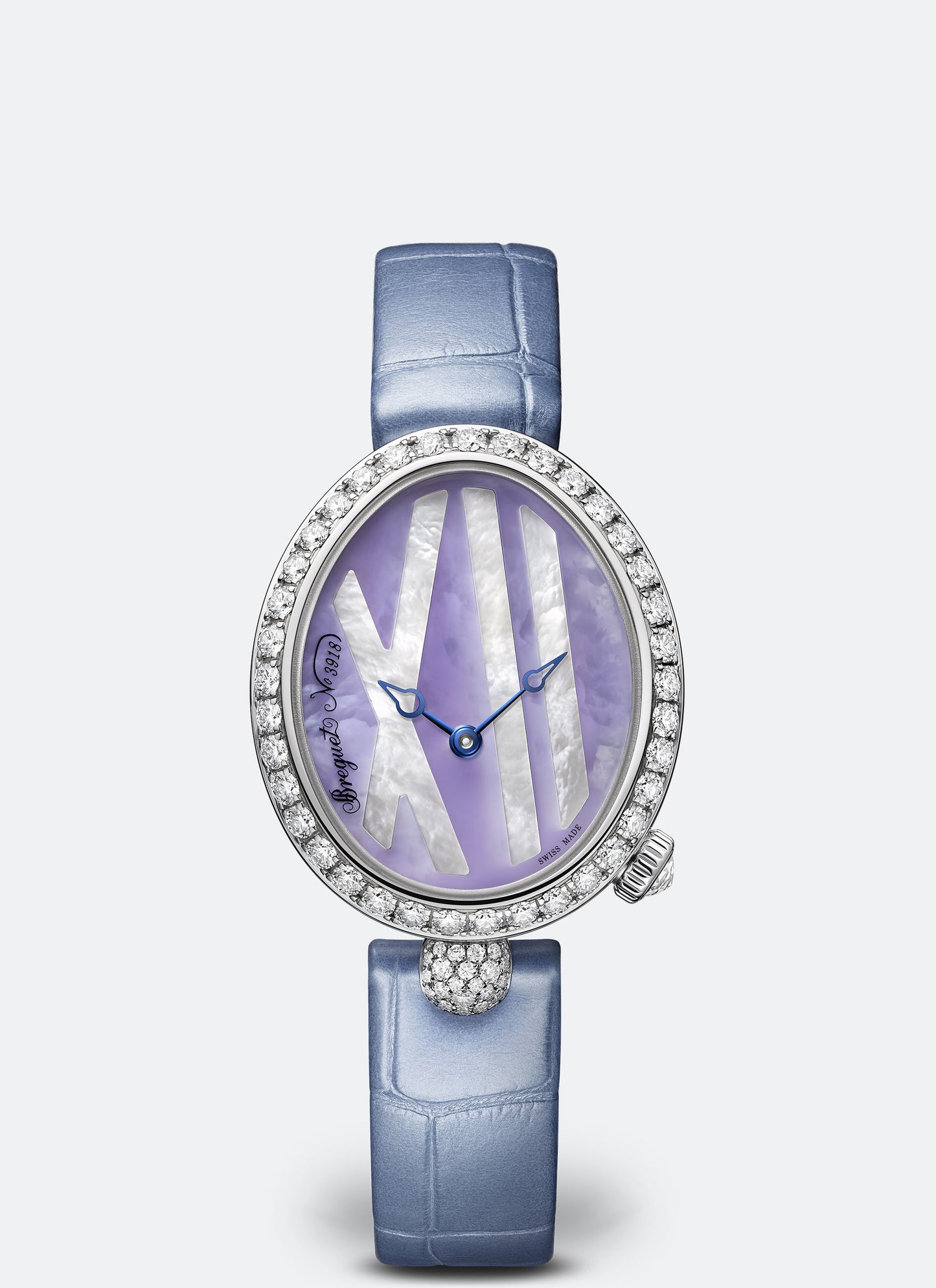 Breguet Reine 32.7 x 27.3mm Lavender-Coloured Mother-Of-Pearl Dial with Diamonds White Gold Blue Leather Strap 9818BB/5V/922/DD0D