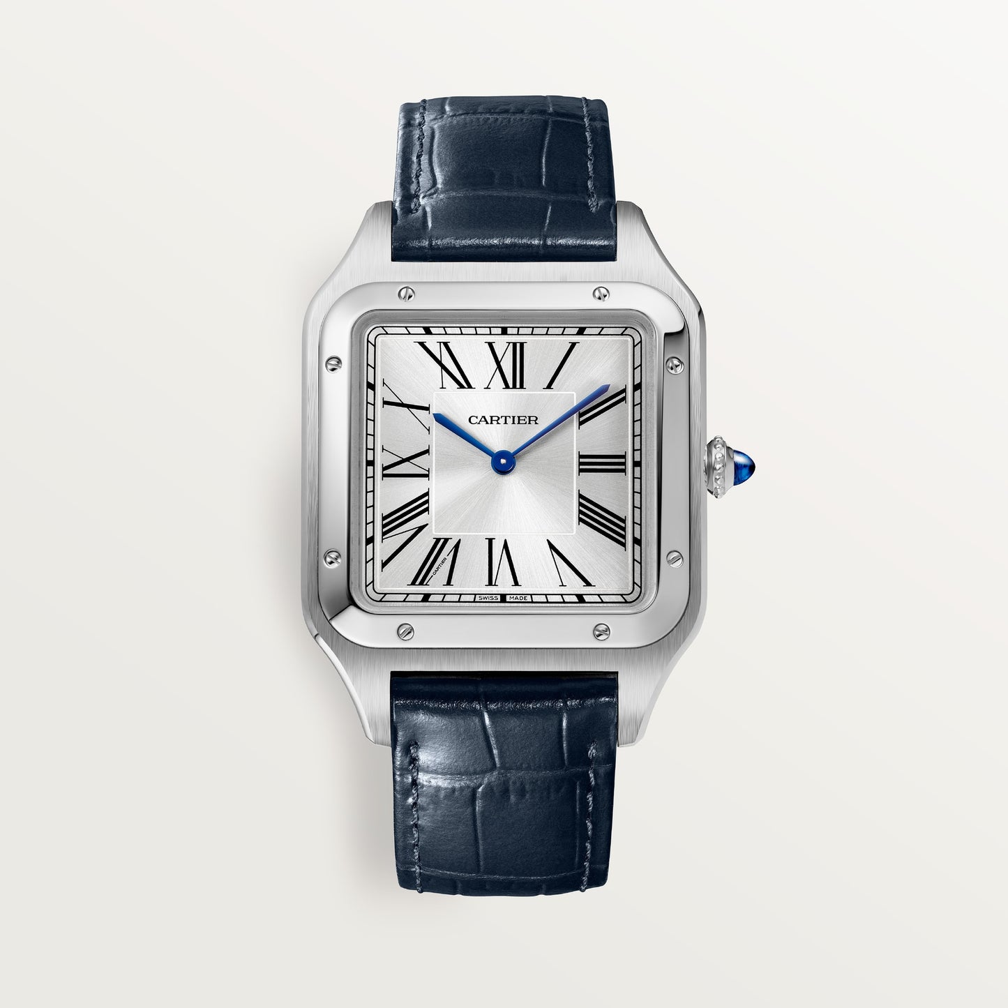 Cartier Santos Extra Large Steel Silver Sunray Dial Navy Blue Alligator Leather Strap WSSA0032