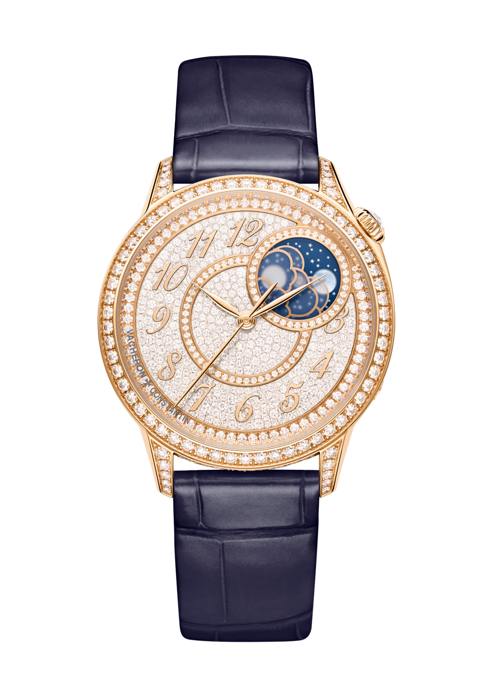 Vacheron Constantin Égérie moon phase 37 mm Diamond Paved Dial 18K Pink Gold Calfskin Leather Strap 8006F/000R-B976