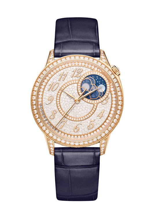 Vacheron Constantin Égérie moon phase 37 mm Diamond Paved Dial 18K Pink Gold Calfskin Leather Strap 8006F/000R-B976