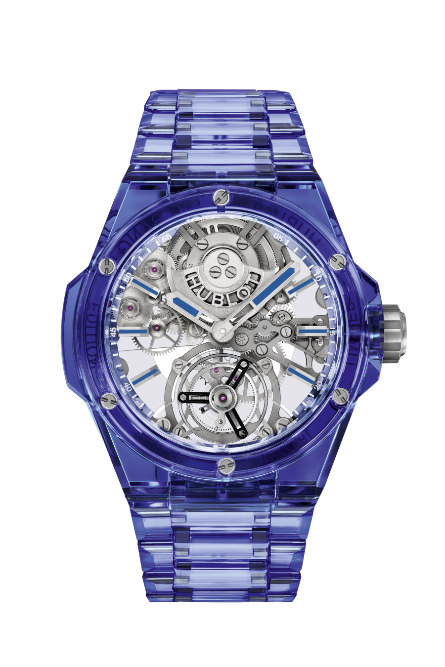 Hublot Big Bang Integrated Tourbillon Full Blue Sapphire 43 mm Transparent Dial Polished Blue Sapphire Crystal Bracelet 455.JL.0120.JL