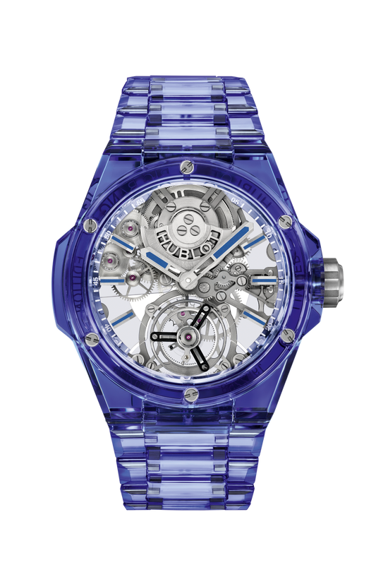 Hublot Big Bang Integrated Tourbillon Full Blue Sapphire 43 mm Transparent Dial Polished Blue Sapphire Crystal Bracelet 455.JL.0120.JL