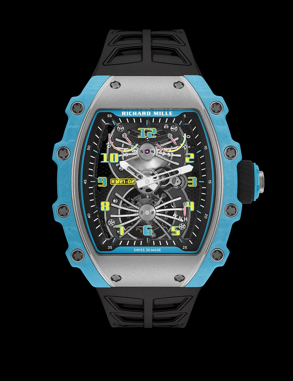 Richard Mille RM 21-02 Manual Winding Tourbillon Aerodyne 30 mm Black  Dial Platinum Rubber Strap rm-21-02