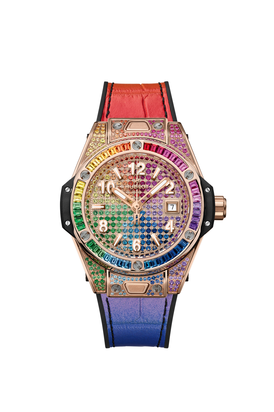 Hublot Big Bang One Click King Gold Rainbow 33 mm Diamond Paved Dial Polished 18K King Gold Alligator Leather Strap 485.OX.9900.LR.0999