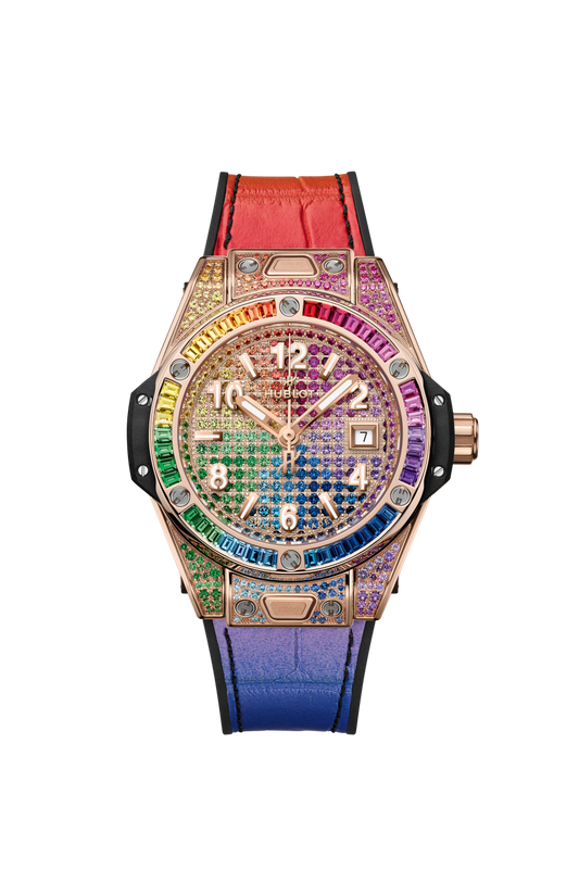 Hublot Big Bang One Click King Gold Rainbow 33 mm Diamond Paved Dial Polished 18K King Gold Alligator Leather Strap 485.OX.9900.LR.0999