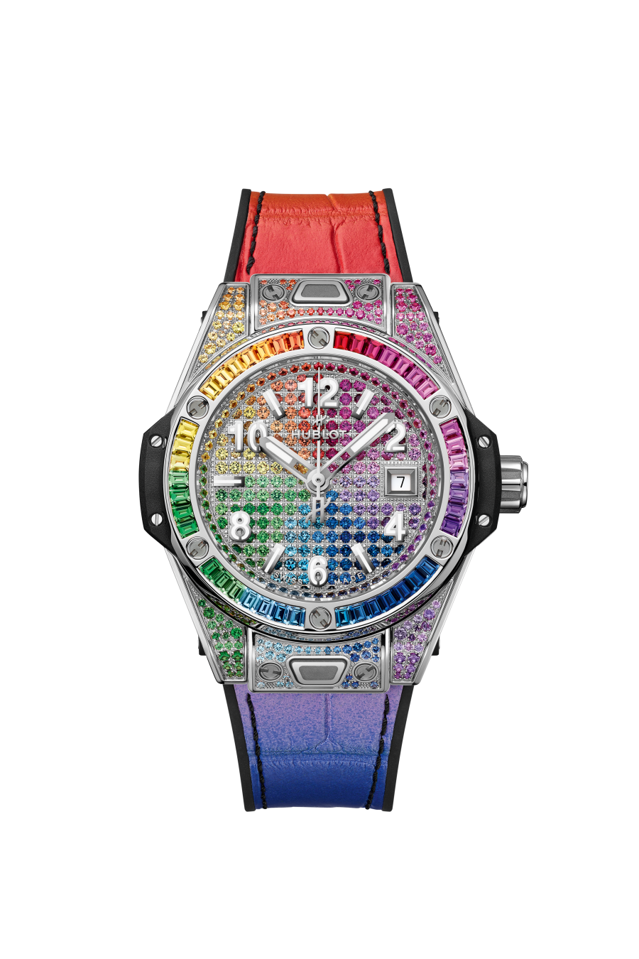 Hublot Big Bang One Click Steel Rainbow 33 mm Diamond Paved Dial Polished Stainless Steel Alligator Leather Strap 485.SX.9900.LR.0999