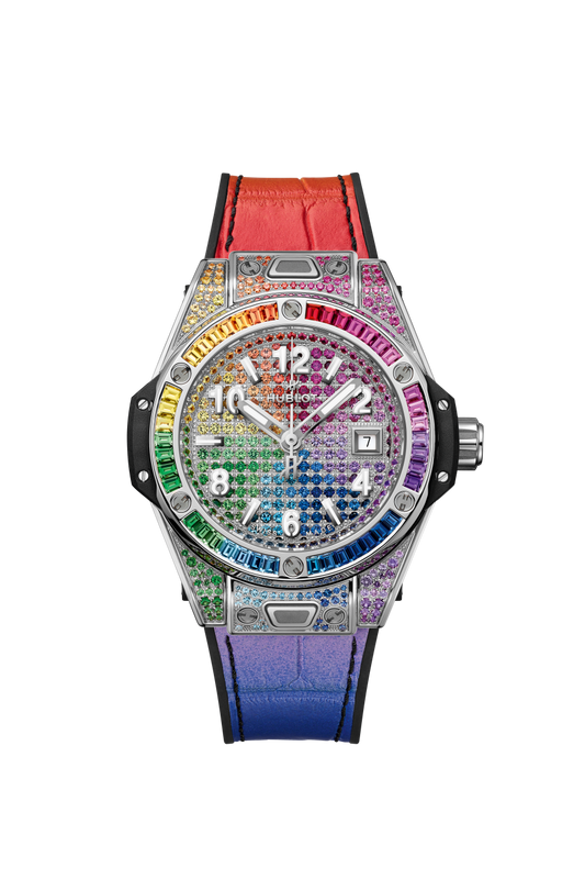 Hublot Big Bang One Click Steel Rainbow 33 mm Diamond Paved Dial Polished Stainless Steel Alligator Leather Strap 485.SX.9900.LR.0999