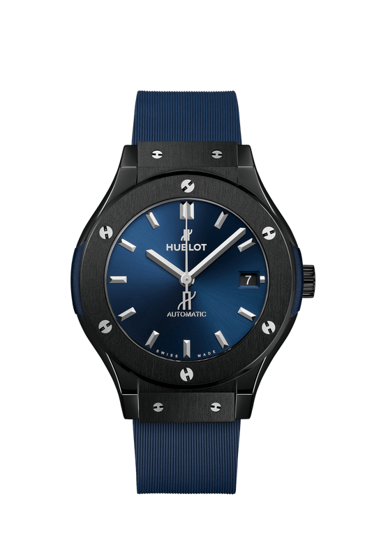 Hublot Classic Fusion Ceramic Blue 38 mm Blue Dial Polished Black Ceramic Rubber Strap 565.CM.7170.RX