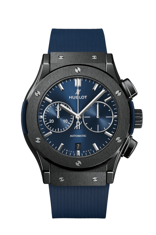 Hublot Classic Fusion Ceramic Blue Chronograph 45 mm Blue Dial Polished Black Ceramic Rubber Strap 521.CM.7170.RX