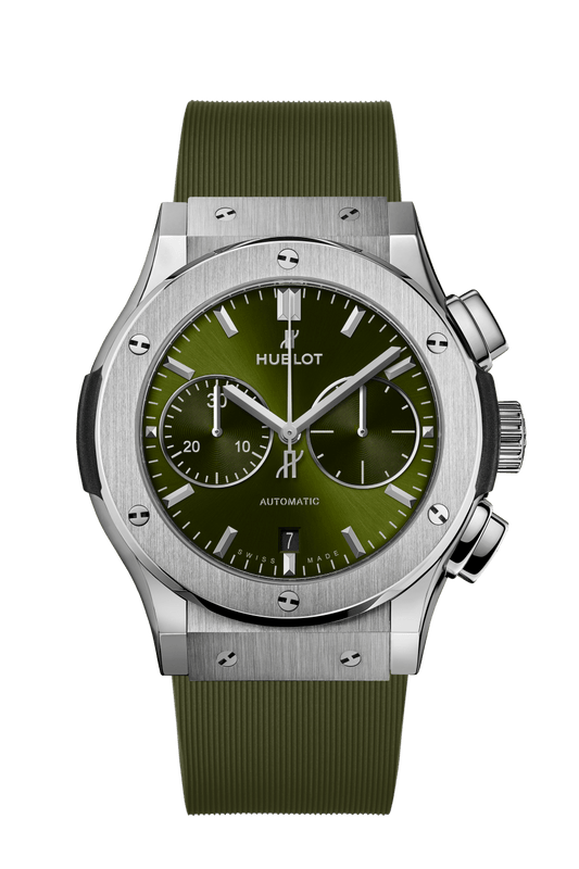 Hublot Classic Fusion Chronograph Titanium Green 45 mm Green Dial Polished Titanium Rubber Strap 521.NX.8970.RX