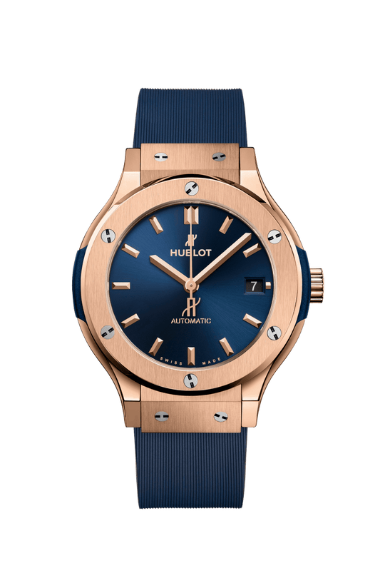 Hublot Classic Fusion King Gold Blue 38 mm Blue Dial Polished 18K King Gold Rubber Strap 565.OX.7180.RX