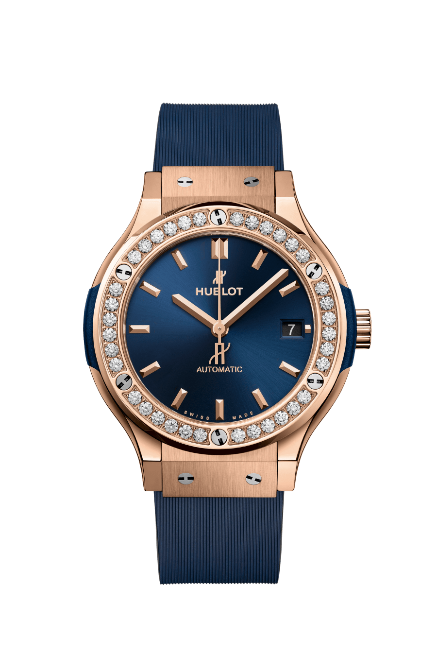 Hublot Classic Fusion King Gold Blue Diamonds 38 mm Blue Dial with Diamonds Polished 18K King Gold Rubber Strap 565.OX.7180.RX.1204