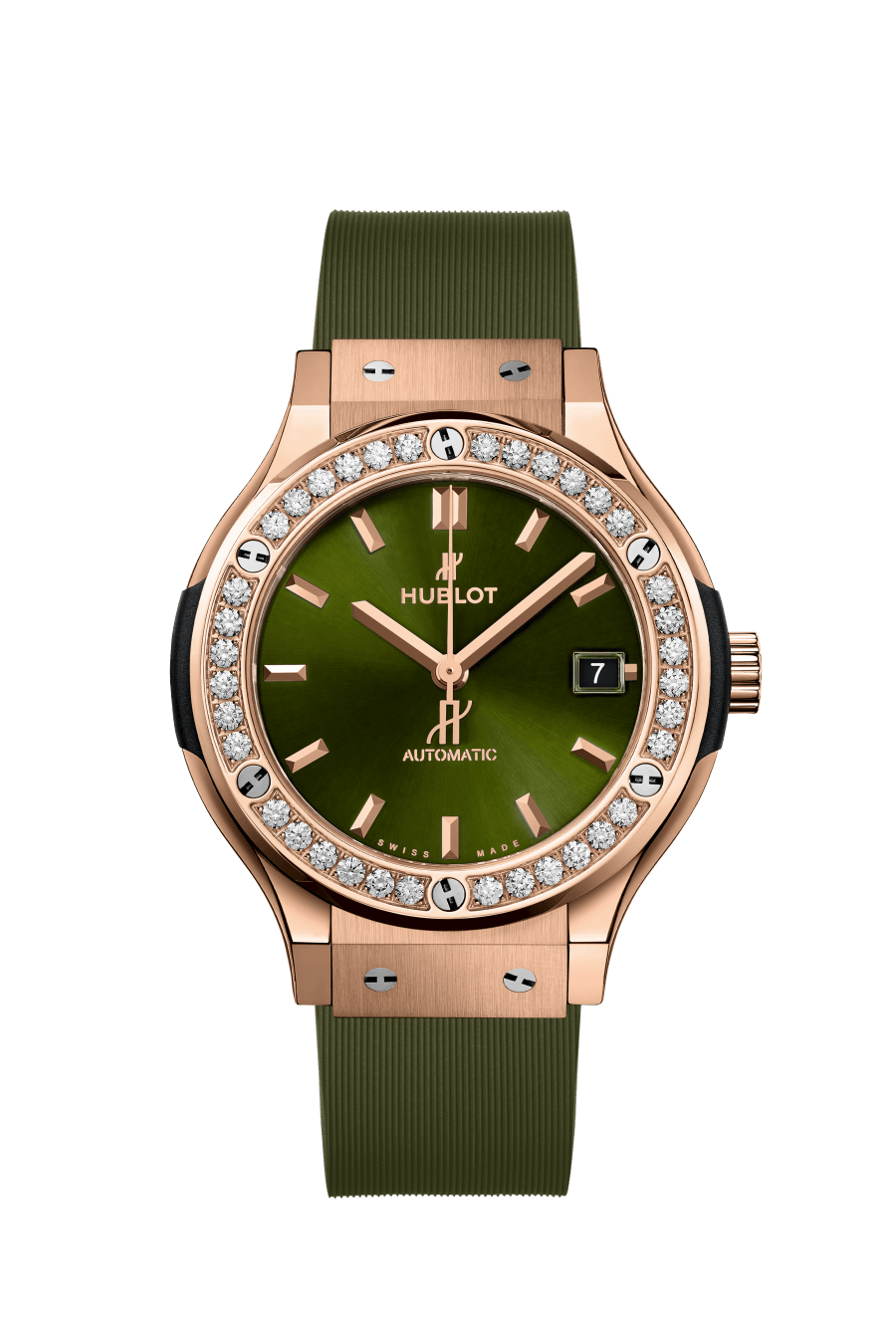 Hublot Classic Fusion King Gold Green Diamonds 38 mm Green Dial with Diamonds Polished 18K King Gold Rubber Strap 565.OX.8980.RX.1204