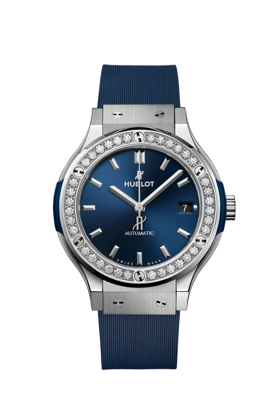 Hublot Classic Fusion Titanium Blue Diamonds 38 mm Blue Dial with Diamonds Polished Titanium Rubber Strap 565.NX.7170.RX.1204