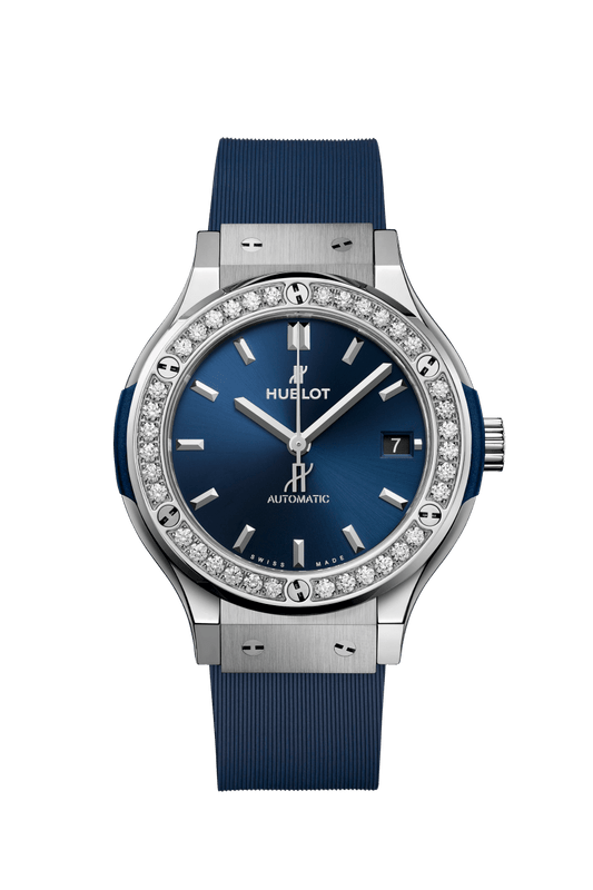 Hublot Classic Fusion Titanium Blue Diamonds 38 mm Blue Dial with Diamonds Polished Titanium Rubber Strap 565.NX.7170.RX.1204