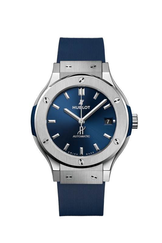 Hublot Classic Fusion Titanium Blue 38 mm Blue Dial Polished Titanium Rubber Strap 565.NX.7170.RX