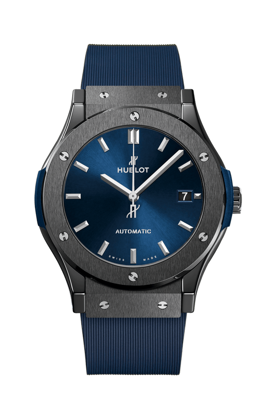 Hublot Classic Fusion Ceramic Blue 45 mm Blue Dial Polished Black Ceramic Rubber Strap 511.CM.7170.RX