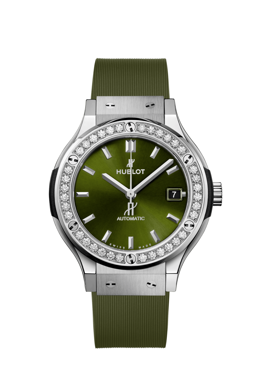 Hublot Classic Fusion Titanium Green Diamonds 38 mm Green Dial with Diamonds Carbon Fiber and Black Texalium Rubber Strap 565.NX.8970.RX.1204