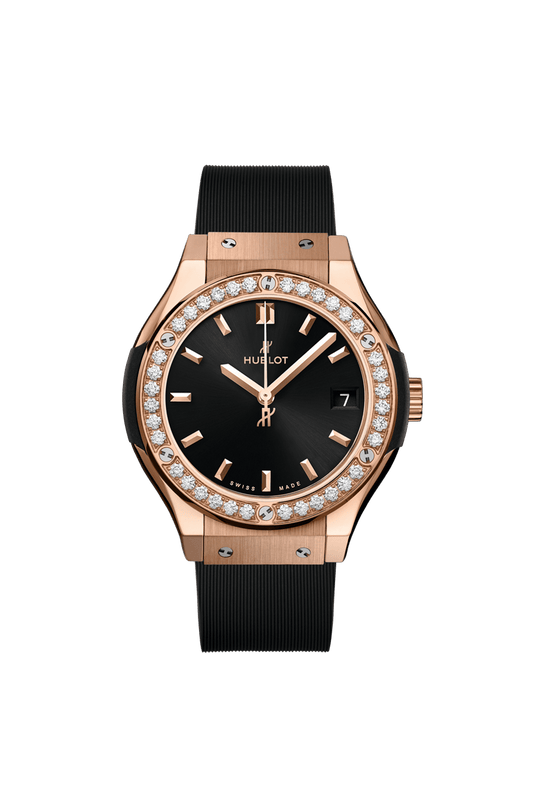 Hublot Classic Fusion King Gold Diamonds 33 mm Black Dial with Diamonds Polished 18K King Gold Rubber Strap 581.OX.1480.RX.1104