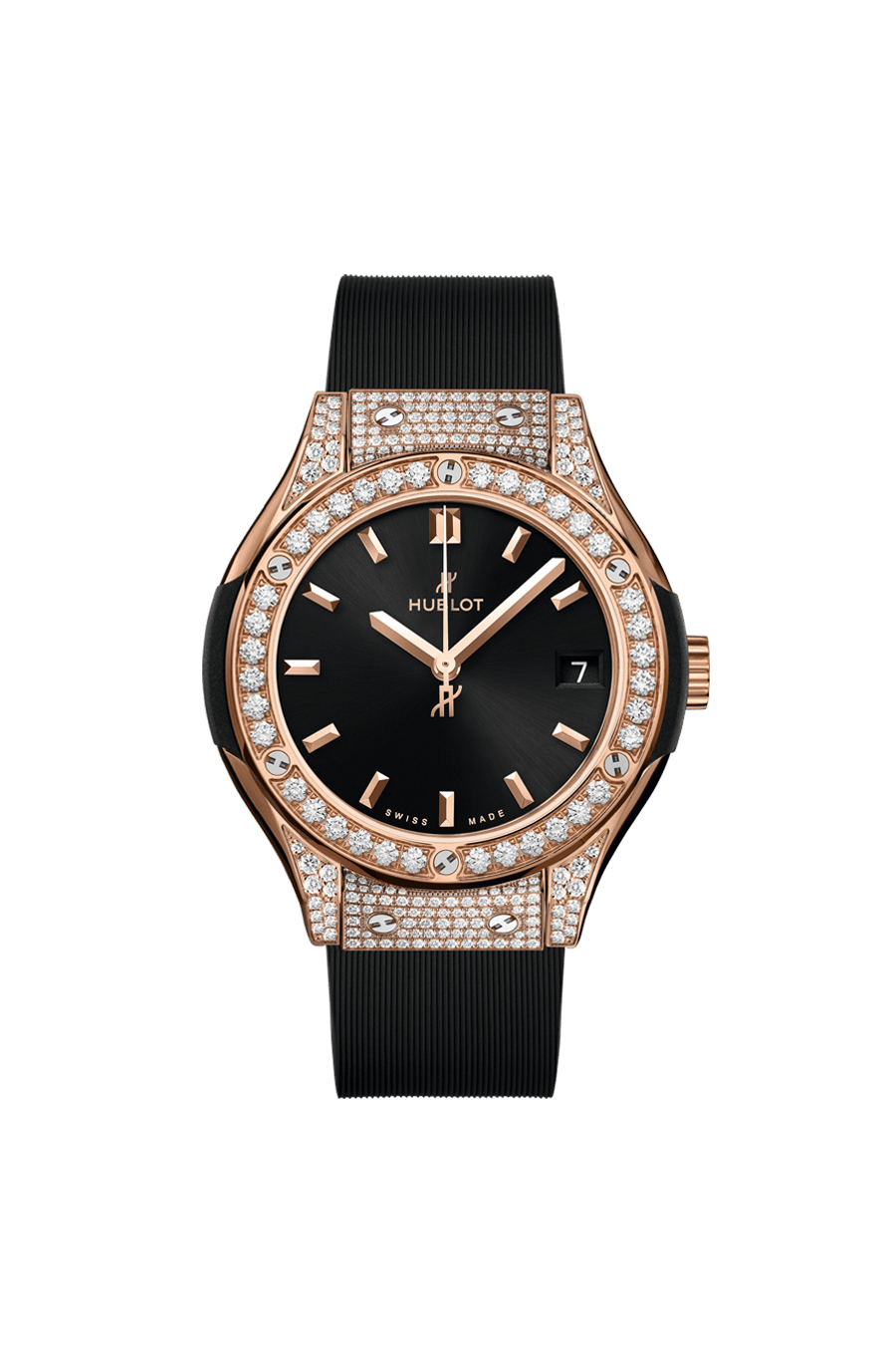 Hublot Classic Fusion King Gold Pavé 33 mm Black Dial with Diamonds Polished 18K King Gold Alligator Leather Strap 581.OX.1480.RX.1704