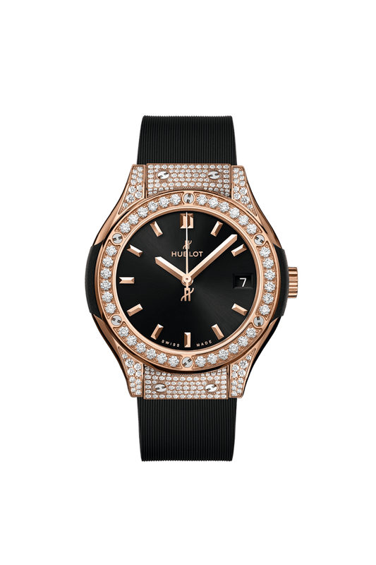 Hublot Classic Fusion King Gold Pavé 33 mm Black Dial with Diamonds Polished 18K King Gold Alligator Leather Strap 581.OX.1480.RX.1704