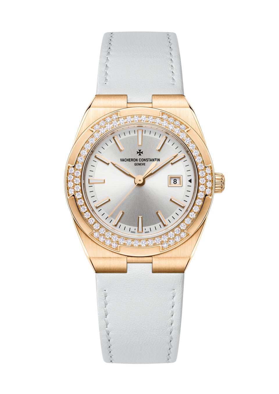 Vacheron Constantin Overseas quartz 33 mm Silver Dial with Diamonds 18K Pink Gold Calfskin Leather Strap 1225V/000R-B592