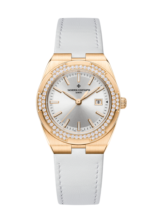 Vacheron Constantin Overseas quartz 33 mm Silver Dial with Diamonds 18K Pink Gold Calfskin Leather Strap 1225V/000R-B592