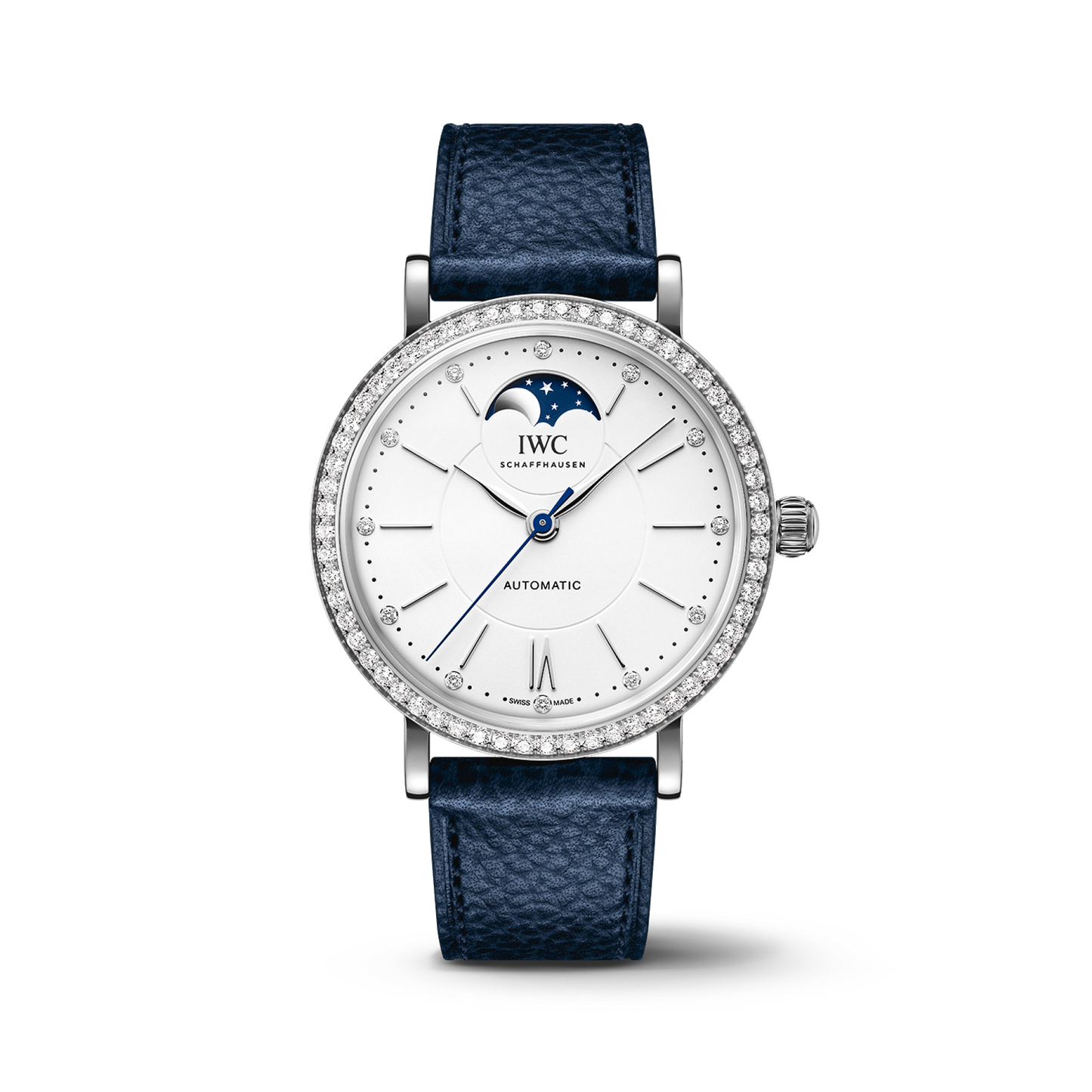 IWC Schaffhausen Portofino Automatic Moon Phase 37.1 mm Silver  Dial Stainless Steel Blue Calfskin Strap IW659601