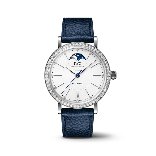 IWC Schaffhausen Portofino Automatic Moon Phase 37.1 mm Silver  Dial Stainless Steel Blue Calfskin Strap IW659601