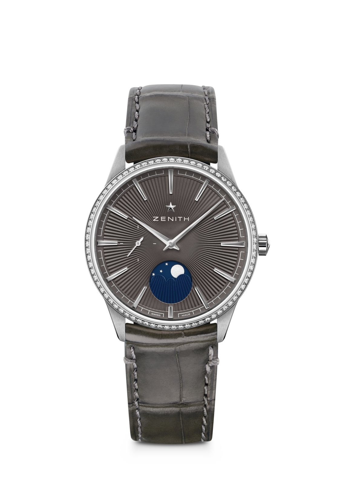 Zenith ELITE MOONPHASE 36 mm Grey Dial with Diamonds Stainless Steel Alligator Leather Strap 16.3200.692/03.C833