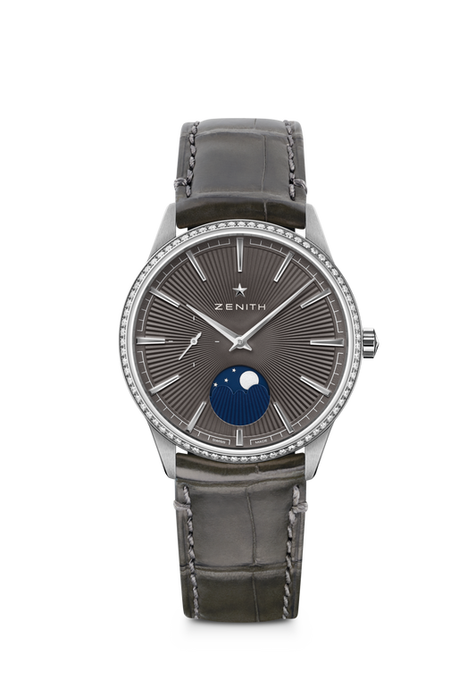 Zenith ELITE MOONPHASE 36 mm Grey Dial with Diamonds Stainless Steel Alligator Leather Strap 16.3200.692/03.C833