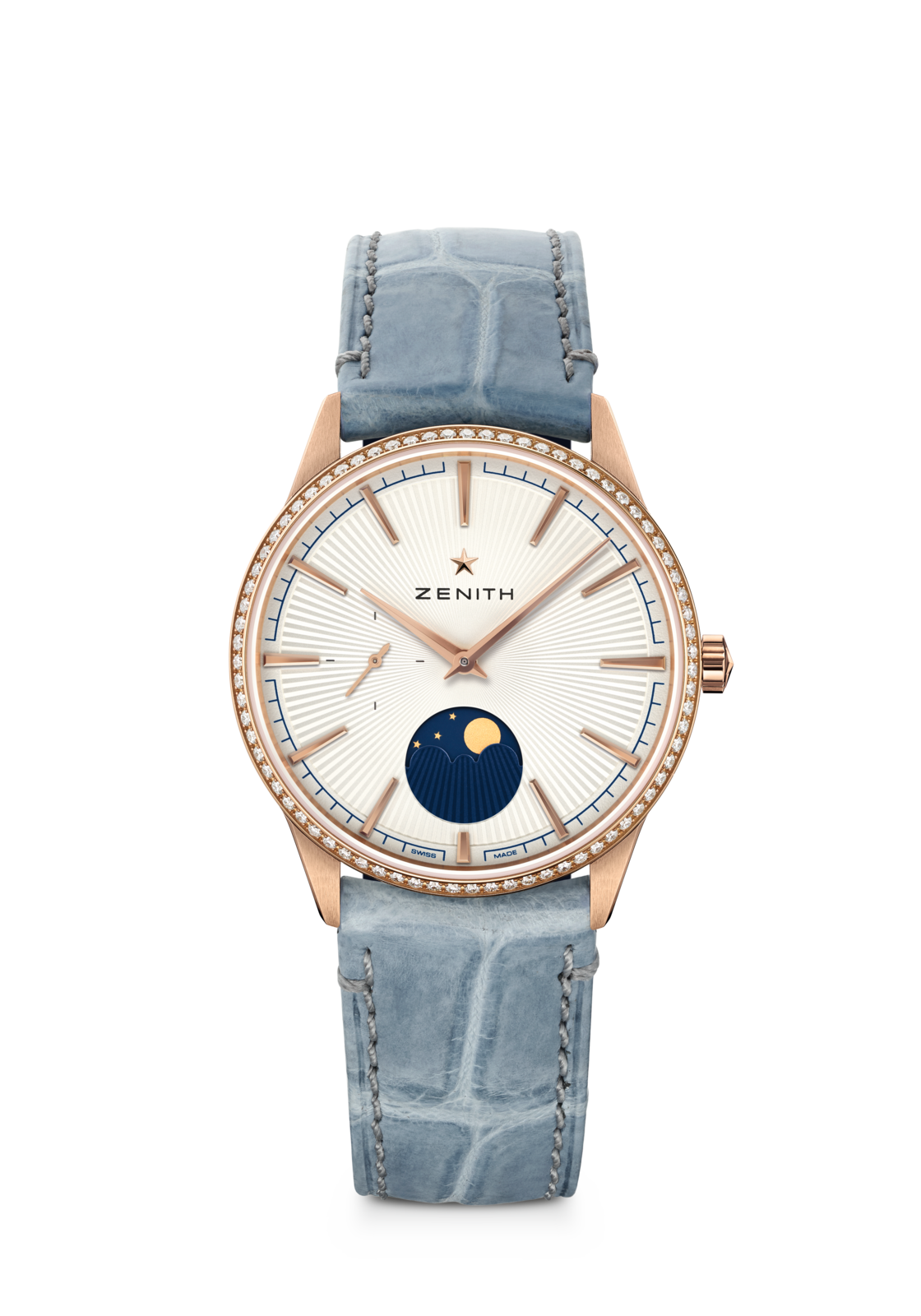 Zenith ELITE MOONPHASE 36 mm Silver Dial with Diamonds 18k Rose Gold Alligator Leather Strap 22.3200.692/01.C832