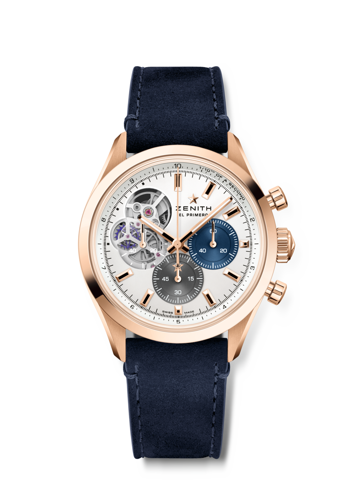 Zenith CHRONOMASTER OPEN 39.5 mm Silver Dial 18k Rose Gold Calfskin Leather Strap 18.3300.3604/69.C922