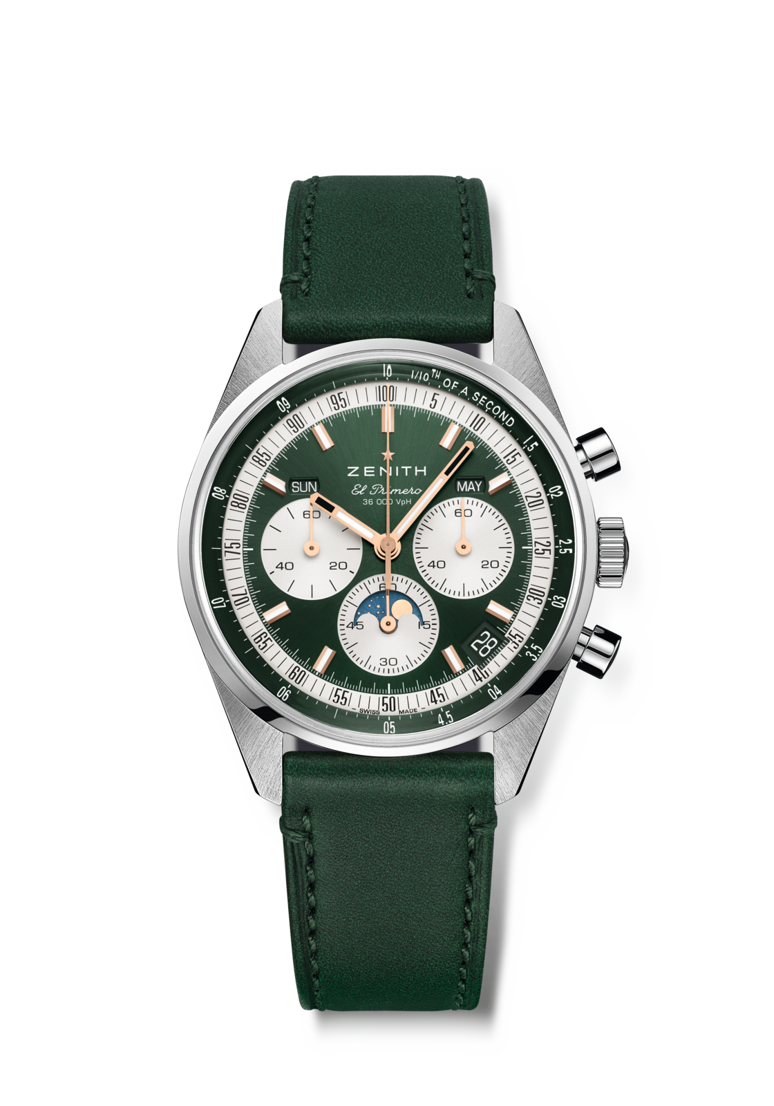 Zenith CHRONOMASTER ORIGINAL 38 mm Green Dial Stainless Steel Calfskin Leather Strap 03.3400.3610/40.C912