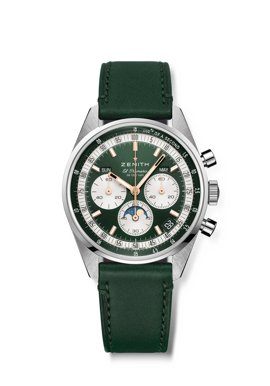 Zenith CHRONOMASTER ORIGINAL 38 mm Green Dial Stainless Steel Calfskin Leather Strap 03.3400.3610/40.C912