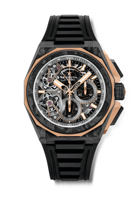 Zenith DEFY EXTREME DOUBLE TOURBILLON 45 mm Silver Dial Black Carbon & 18k Rose Gold Rubber Strap 12.9100.9020/78.I200