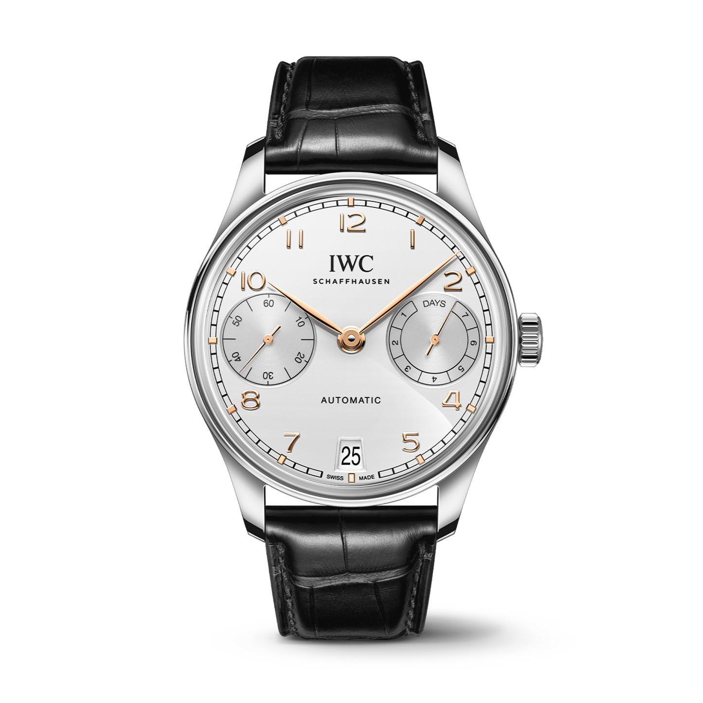 IWC Schaffhausen Portugieser Automatic 42 mm Silver Dial Stainless Steel Black Alligator Leather Strap IW501701