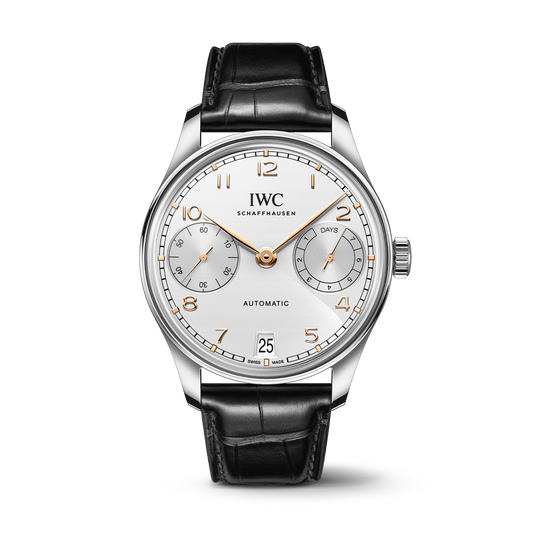 IWC Schaffhausen Portugieser Automatic 42 mm Silver Dial Stainless Steel Black Alligator Leather Strap IW501701